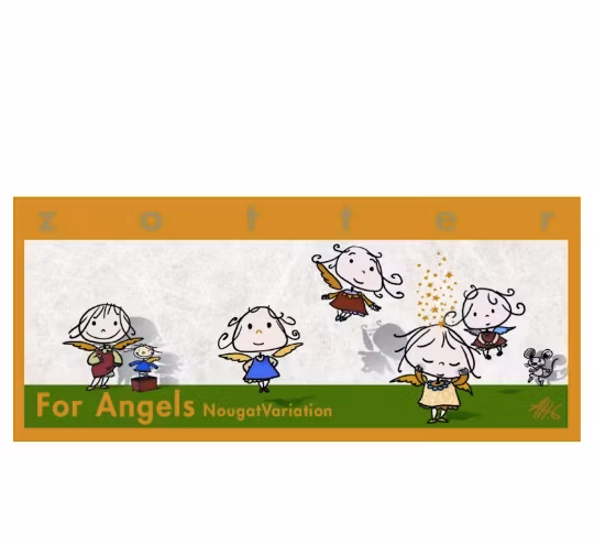 Zotter For Angels, handgjord chokladpralin-kaka med mandel- och hasselnötsnougat och krispig krokant. Fair Trade. Omslagsbild.