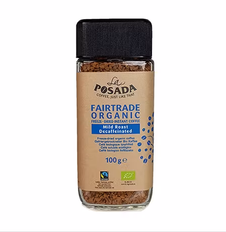 Posada, snabbkaffe, koffeinfritt, decaf, ljusrostat, ekologiskt & Fairtrade-märkt. Fyllig smak. Från Sackeus.