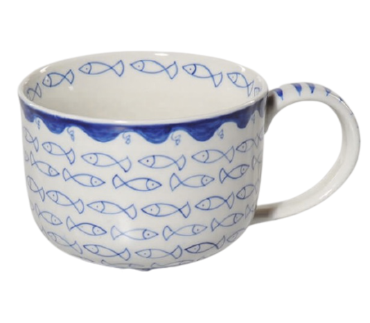Extrastor mugg (0,5 liter) i keramik med fiskmönster. Fair Trade.