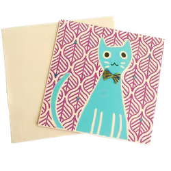 Brevkort, turkos katt med kravatt, handgjort