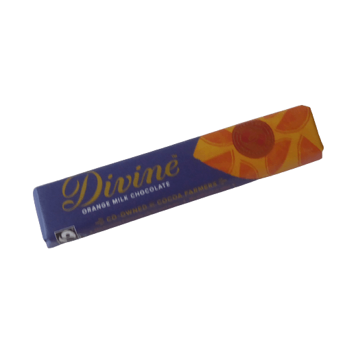 Divine chokladbar Orange MIlk, en lagom stor mjölkchoklad med fyllig apelsinsmak. Fairtrade.