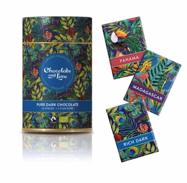 Chocolate and Love Presentburk, Pure Dark, 3 smaker choklad, Rich Dark, Madagascar, Panama, Fair Trade, ekologisk, vegansk.