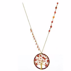 Halssmycke Livets träd, rött, mässing/glas, Fair Trade