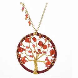 Halssmycke Livets träd, rött, mässing/glas, Fair Trade