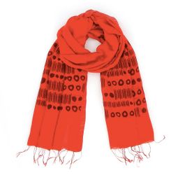 Sjal, scarf, siden/viskos, ränder/prickar, röd, handvävd