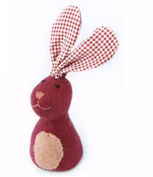 Påskhare mörkröd-lila med rutiga öron, äggvärmare, handdocka,