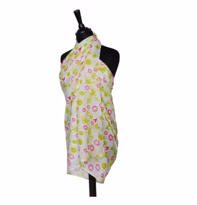 Sjal och sarong Swing Sommar, bomull, vit med blomstermönster. Fair Trade Indien.
