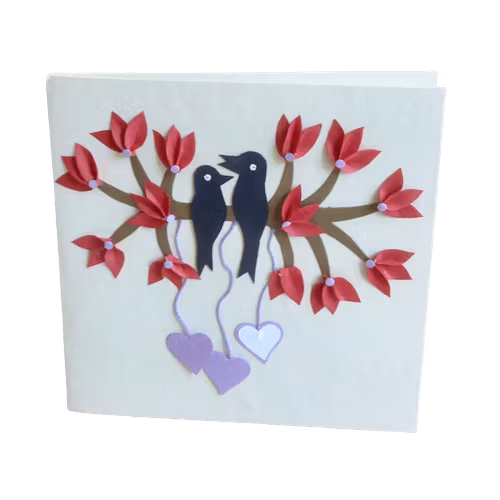 Brevkort Fåglar med hjärtan, med kuvert, kraftigt bomullspapper. Kuvert medföljer.