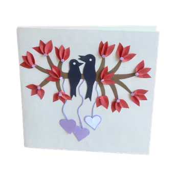Brevkort Fåglar med hjärtan, röd, med kuvert, jutepapper