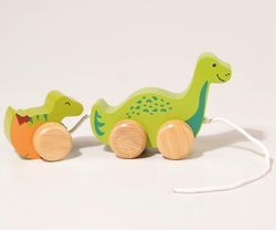 Dragleksak, dinosaurie med unge, trä