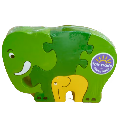 Elefant med unge, Pussel i trä, 4 delar i grönt och gult, till småbarn. Fair Trade.