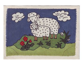 Brevkort m kuvert, Får på blomsteräng, batik