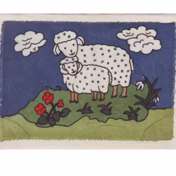 Brevkort m kuvert, Får på blomsteräng, batik