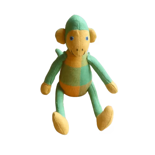 Sittande apa i tyg, grön och gul. Gula öron, händer och fötter, sött & vänligt ansikte. Charmig som maskot!