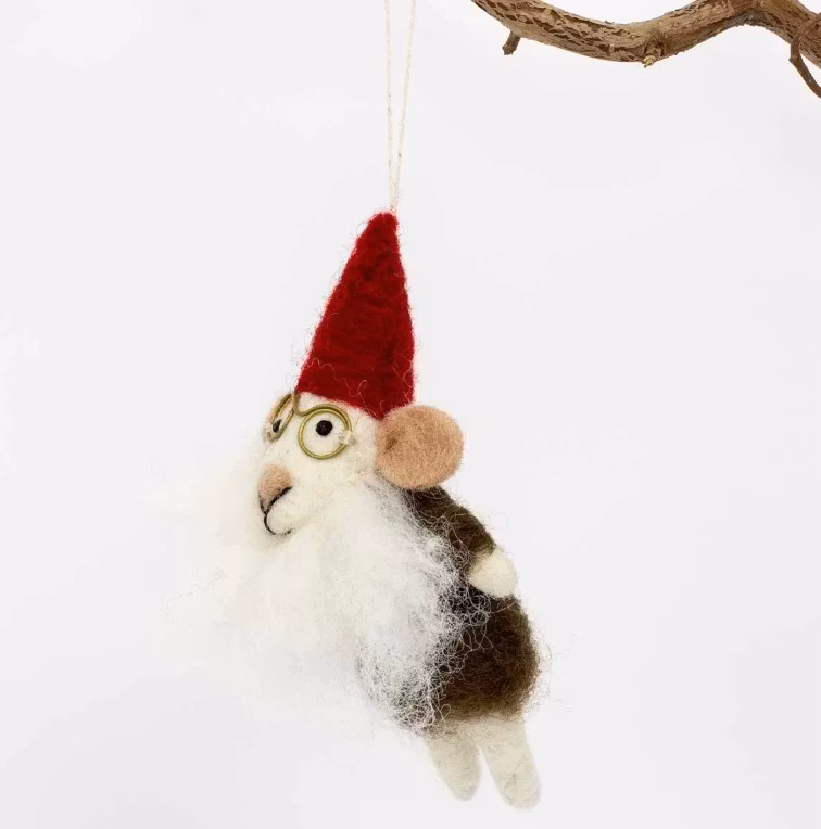 Julhänge Mouse Santa Father, tovad, Afroart. Med brun kofta, röd luva.