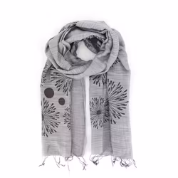 Sjal, scarf, bomull/siden, ljusgrå, maskrosblomma