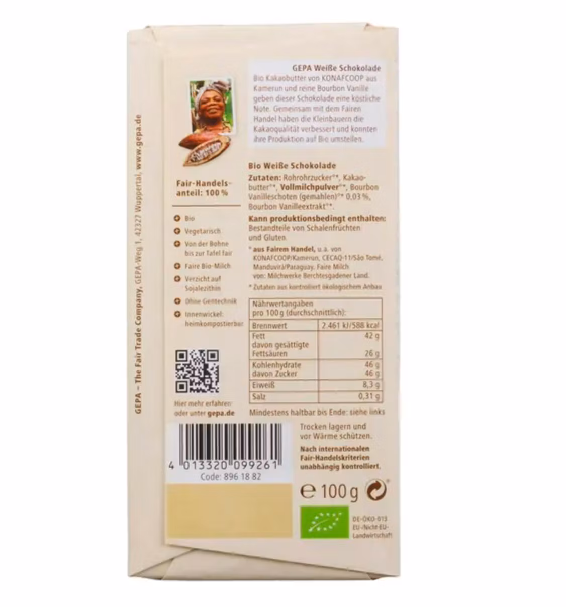 Vit chokladkaka, ekologisk och Fair Trade från tyska Gepa. Baksidan med uppgifter om näringshalt, eko-märkning och Fair Trade-info.