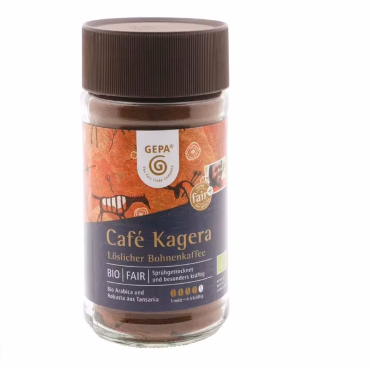 Kagera är den ekologiska varianten av Africafe, ett populärt snabbkaffe eller instantkaffe från Tanzania. Spraytorkat.