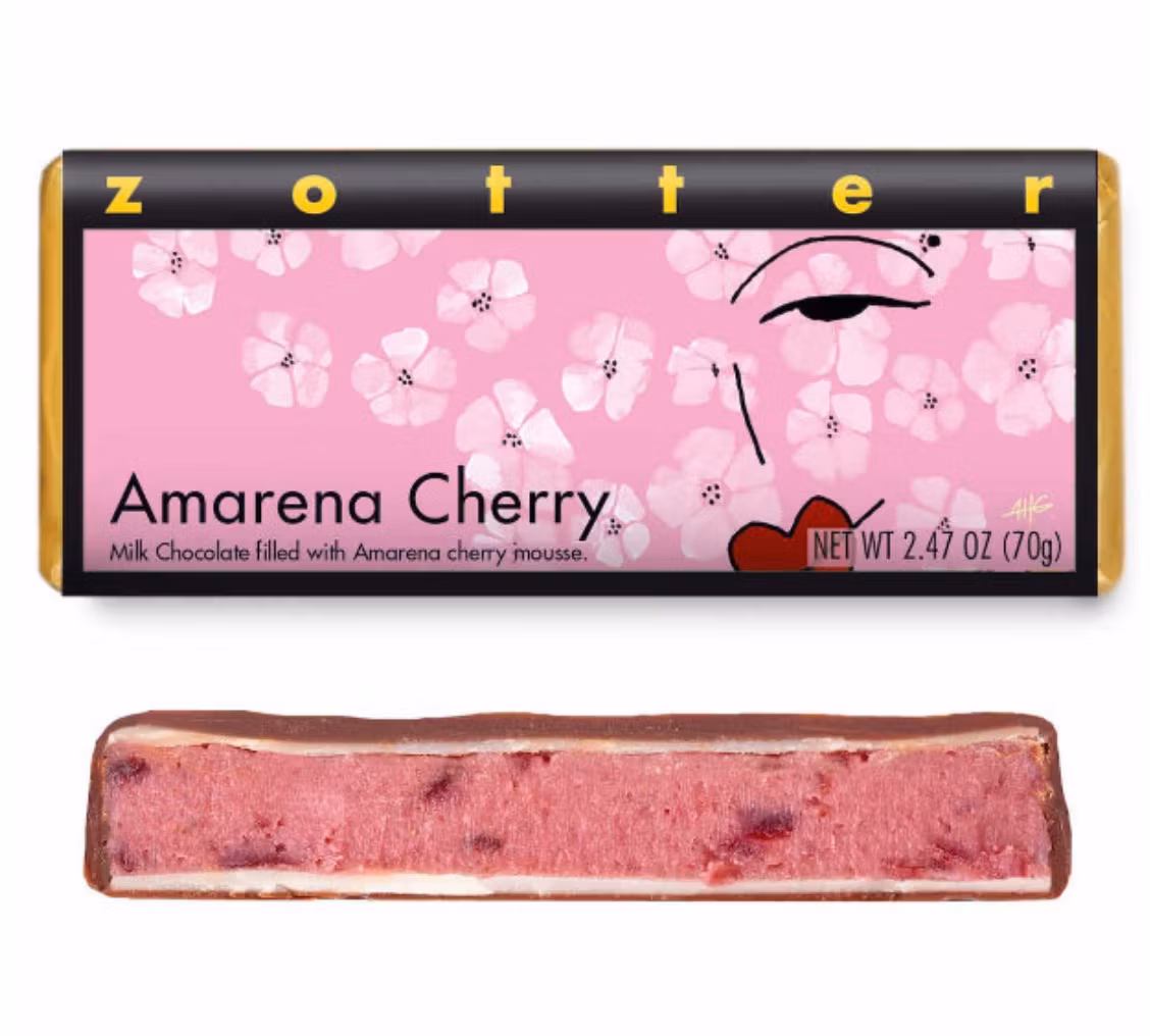 Zotter, Amarena Cherry, chokladpralin, mörk mjölkchoklad med körsbärsmousse. Fair Trade, ekologisk.