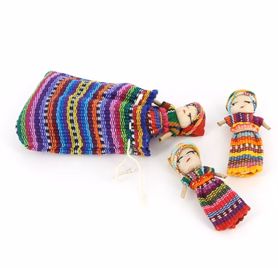 Bekymmersdockor/Worry dolls/orosdockor i tygpåse, 5 cm stora, 3 styck. Fair Trade från Guatemala.