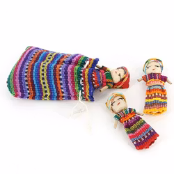 Worry Dolls, orosdockor, 3 dockor i tygpåse