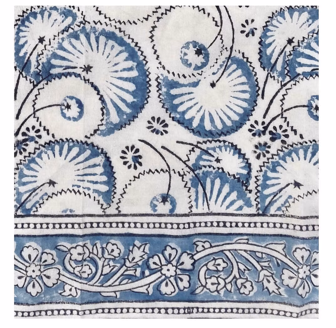 Kalamkari halsduk, Kvadrat, mörkblått växtmönster. Blocktrycksteknik, Fair Trade Indien. Detaljbild.
