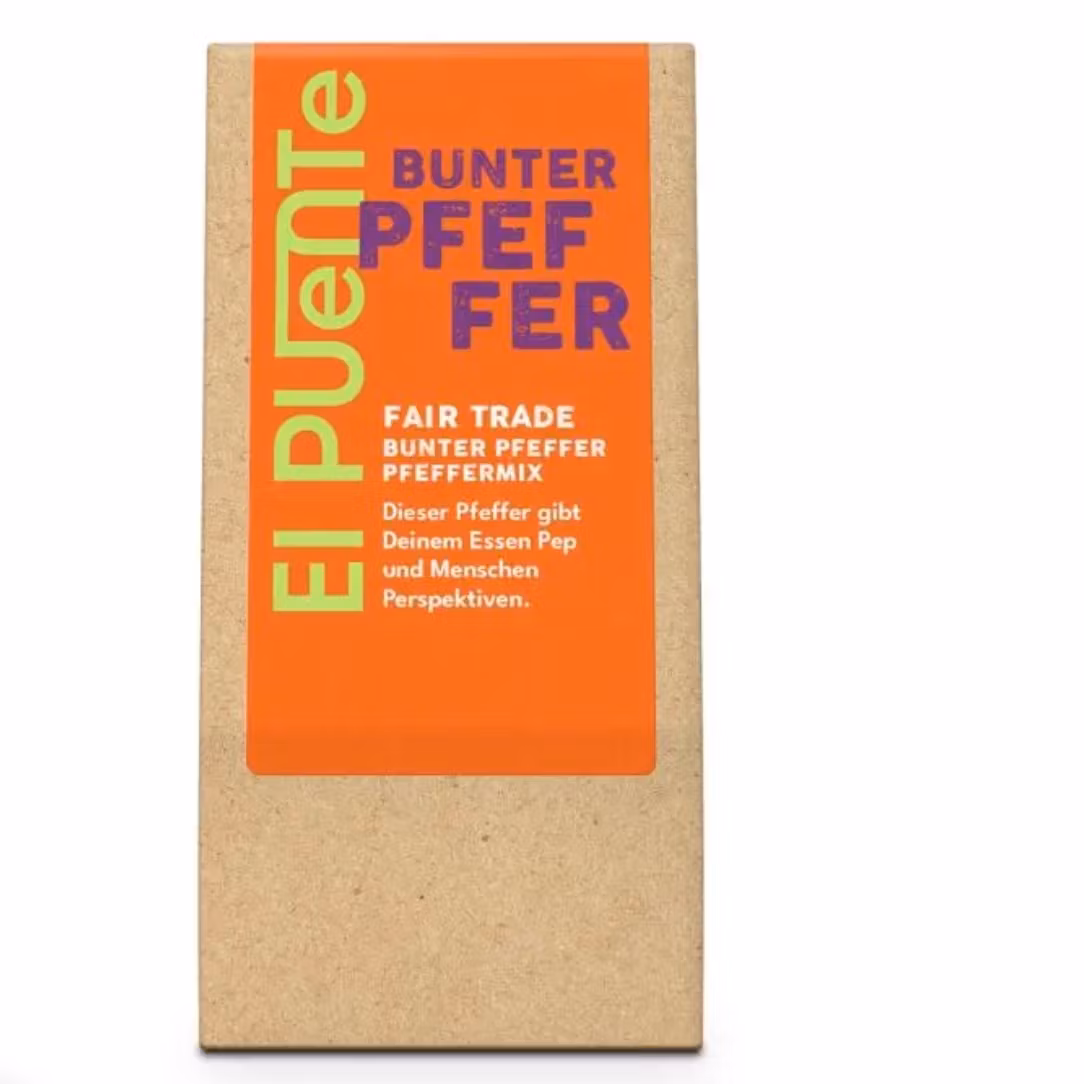 Rainbow peppar (Bunter Pfeffer på tyska) refill med fyra olika pepparsorter i hela korn (svart, vit, grön, rosé) är en väl balanserad blandning av milda, söta & kryddstarka pepparkorn.