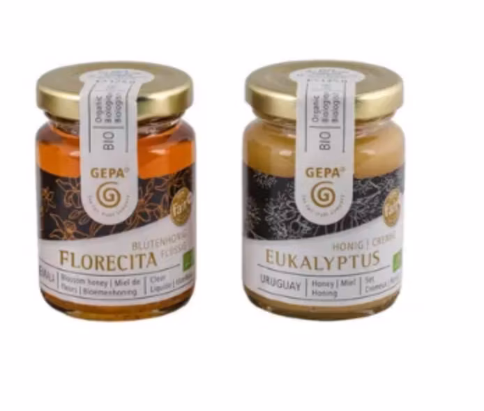 Flytande honung Florecita (mycket smakrik, ekologisk, Guatemala) och Eukalyptus (från eukalyptusblommor, Uruguay). 125g