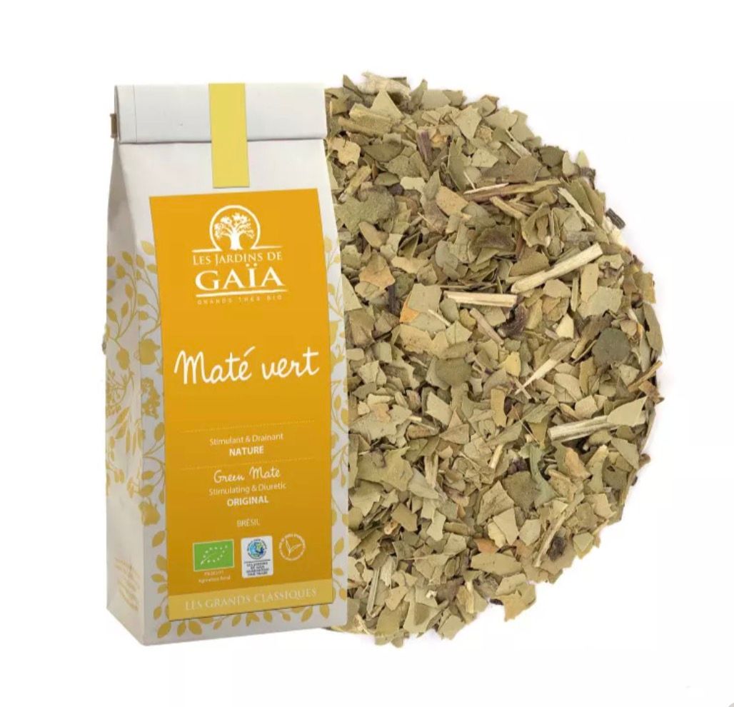 Mate vert, erva mate eller yerba mate, grönt mate-te. Ekologiskt från Brasilien. Fair Trade. Avnjuts traditionellt  i kalebass med bombilla.