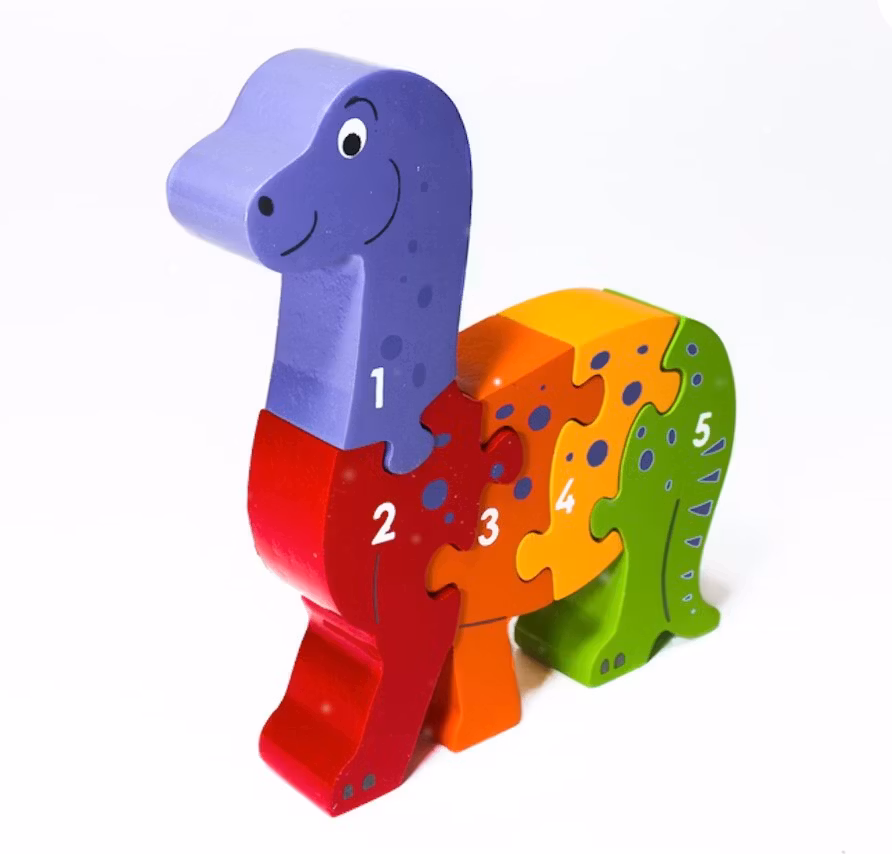 Träpussel, dinosaurie med siffror 1- 5. Enkel och roligt pussel för yngre barn. Fair Trade.
