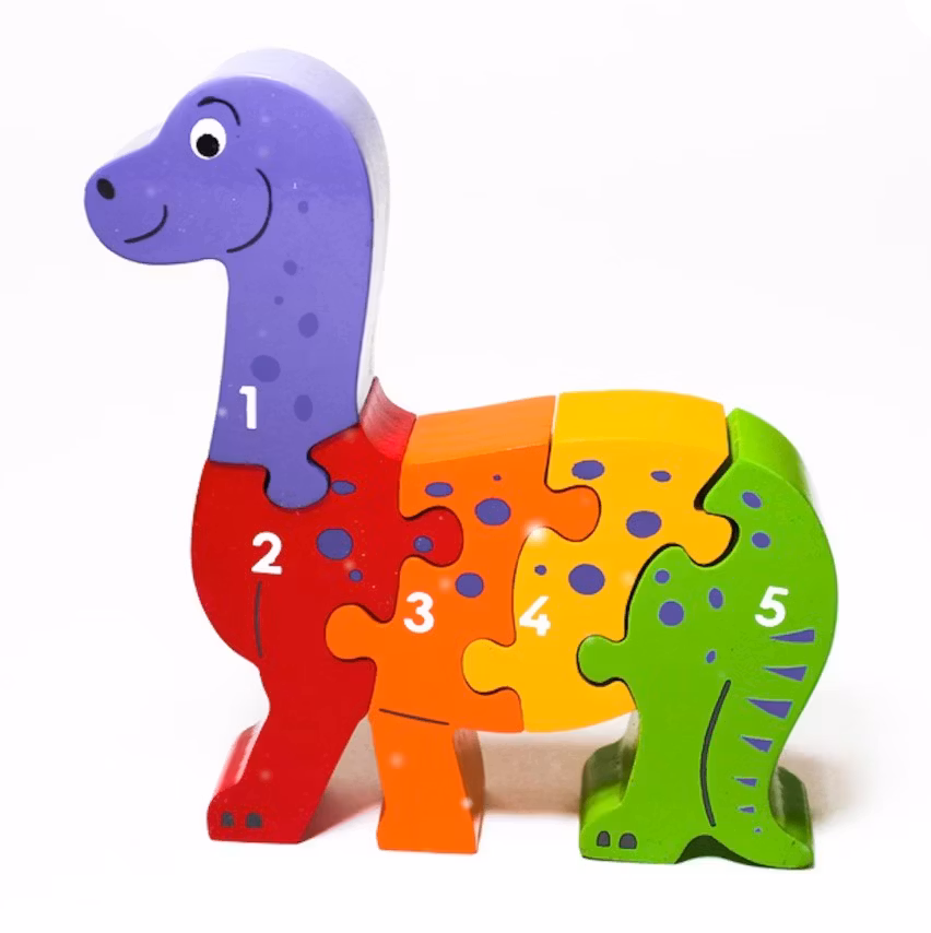 Träpussel, dinosaurie med siffror 1- 5. Enkel och roligt pussel för yngre barn. fair Trade.