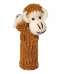 Fingerdocka, apa med ap-baby, handstickad