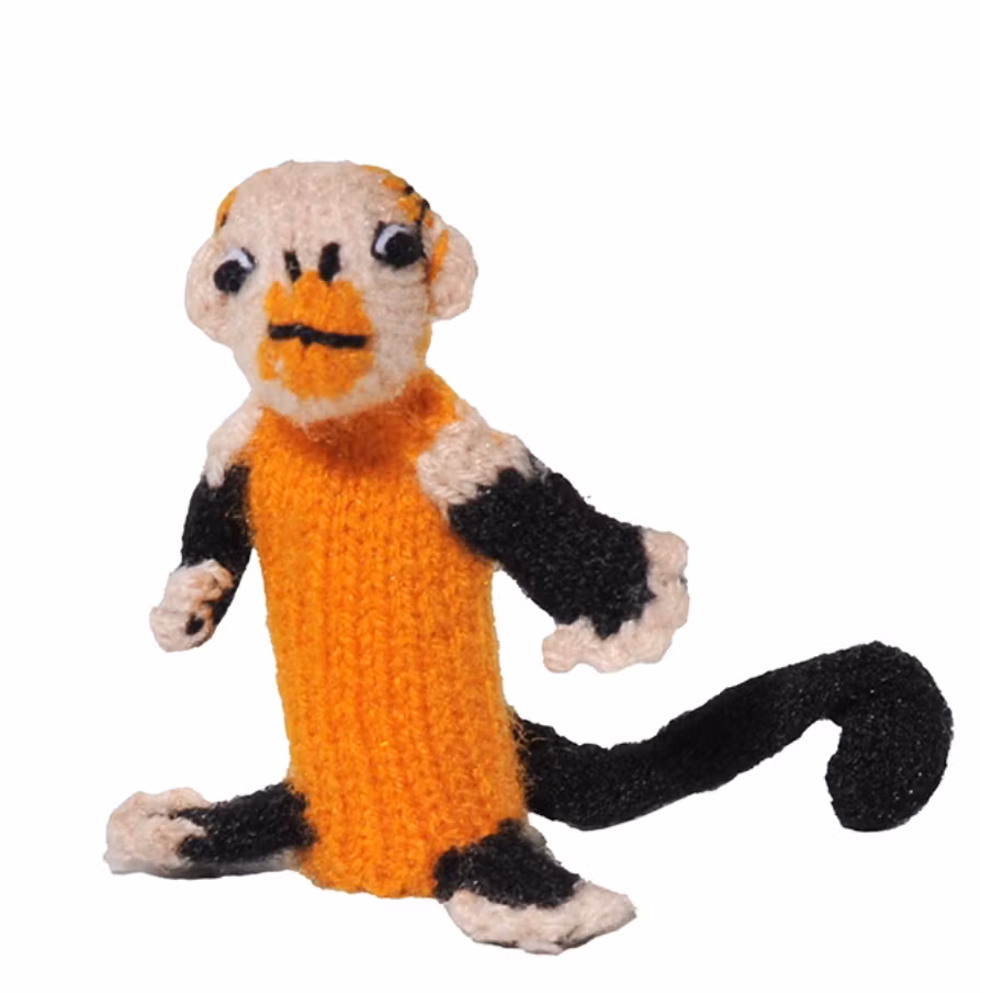 Fingerdocka, Apa, Rödbukad markatta, handstickad i Peru för Fair Trade.