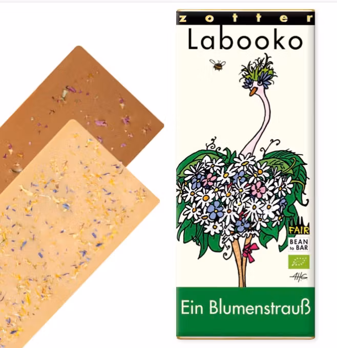 Zotter Labooko chokladpraliner Bouquet of Flowers är två chokladkakor i en förpackning. Utsökta smaker, dekorerade med torkade ängsblommor. Ekologisk & Fair Trade.