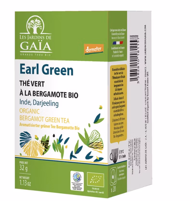 Grönt te Earl Green, Earl Grey, ekologiskt påste från Les Jardins. Fair Trade.