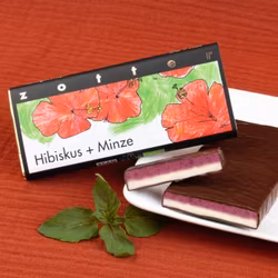 Zotter, Hibiscus + Mint, mörk chokladpralin, ekologisk