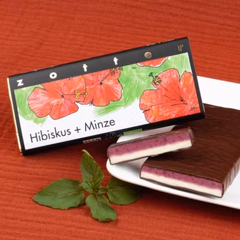 Zotter, Hibiscus + Mint, mörk chokladpralin, ekologisk