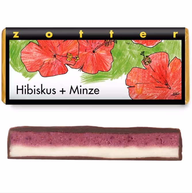 Zotter stor, mörk chokladpralin med utsökt smak, Hibiscus + Mint, ekologisk och Fair Trade.