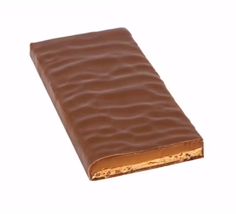 Zotter, Butter Caramel, chokladpralin med smör och karamell, ekologisk.Utan omslag, med snitt på ytkanten så att fyllningen syns.