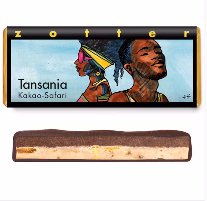 Zotter, Tanzania kakao-safari, chokladpralin, ekologisk. Konstnärligt omslag.