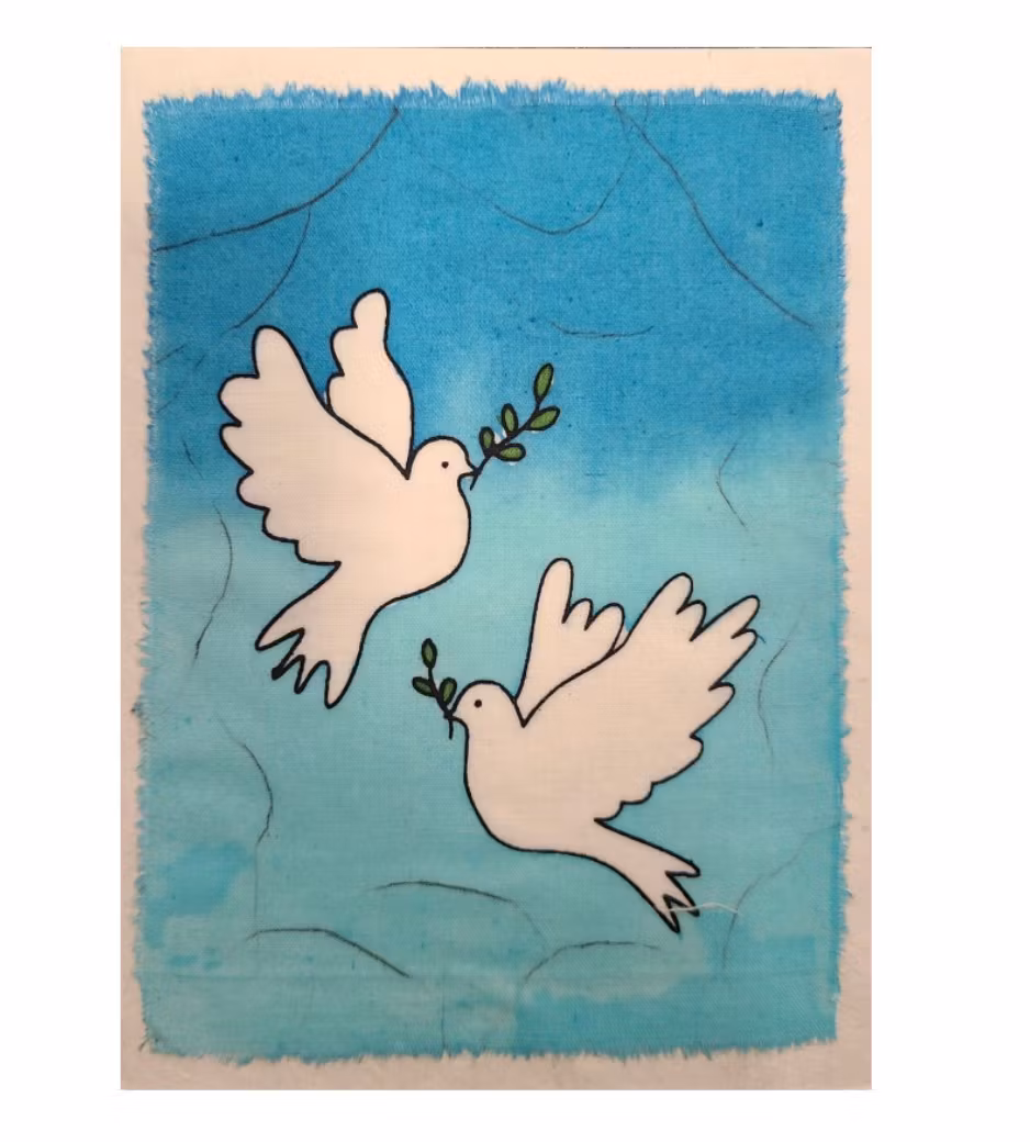 Brevkort med kuvert, Fredsduvor med olivkvist, universell fredssymbol. Batik på handgjort papper. Nepal. Fair Trade.