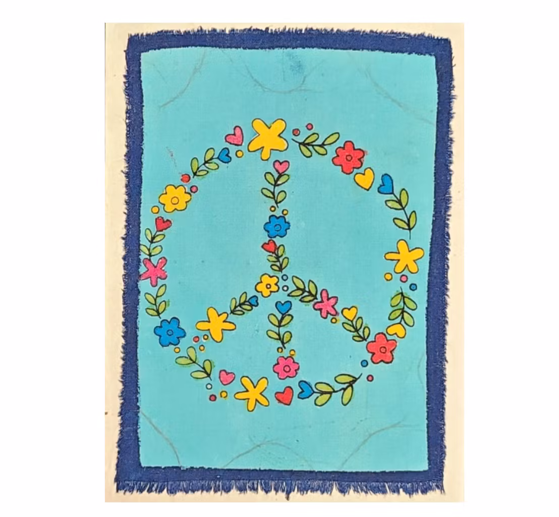 Brevkort med kuvert, Peace-symbolen, Fredsmärktet, batik. Fair Trade Nepal.