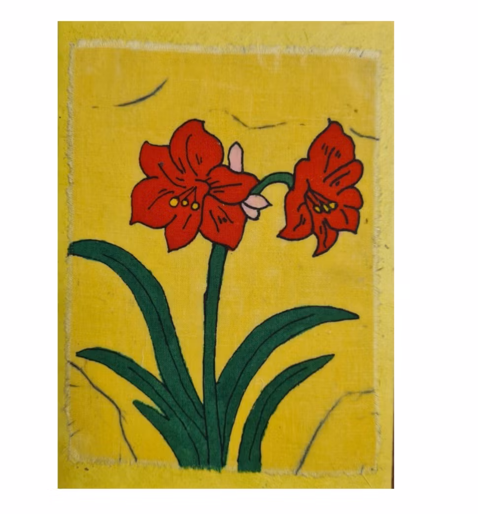 Brevkort med klarröd Amaryllis i batiksteknik, en fin hälsning, önskar God Jul till en kär vän!