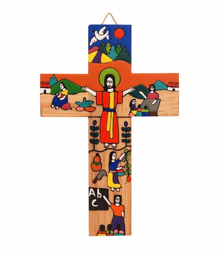 Väggkors Kristus välsignar, trä, Salvador-kors, 12 cm. Klara giftfria färger. Fair Trade El Salvador.