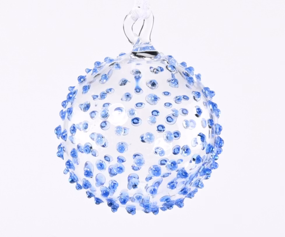 Genomskinlig glaskula, Piggig snöboll blå, till julgranen. Presenttips!