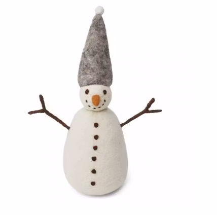 Julhänge Snögubbe med grå mössa, tovad. 11 cm. Rolig liten julklapp.