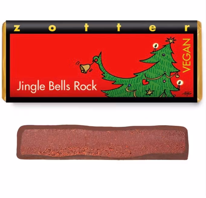 Zotter Jingle bells, choklad med rödvinsganache. Vegansk. Fair Trade. Ekologisk. Exklusivt gott.
