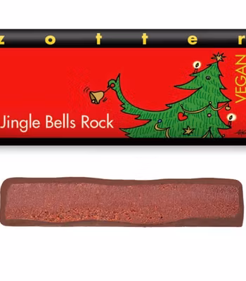 Zotter Jingle Bells Rock, mörk chokladpralin, rödvinsganache, ekologisk