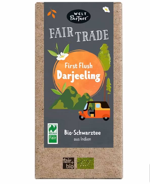 Darjeeling First Flush (FTGFOP1) ekologiskt svart löste i miljövänlig förpackning.