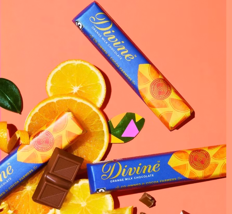 Divine chokladbar med apelsin, en liten bar med mycket smak. Fairtrade.